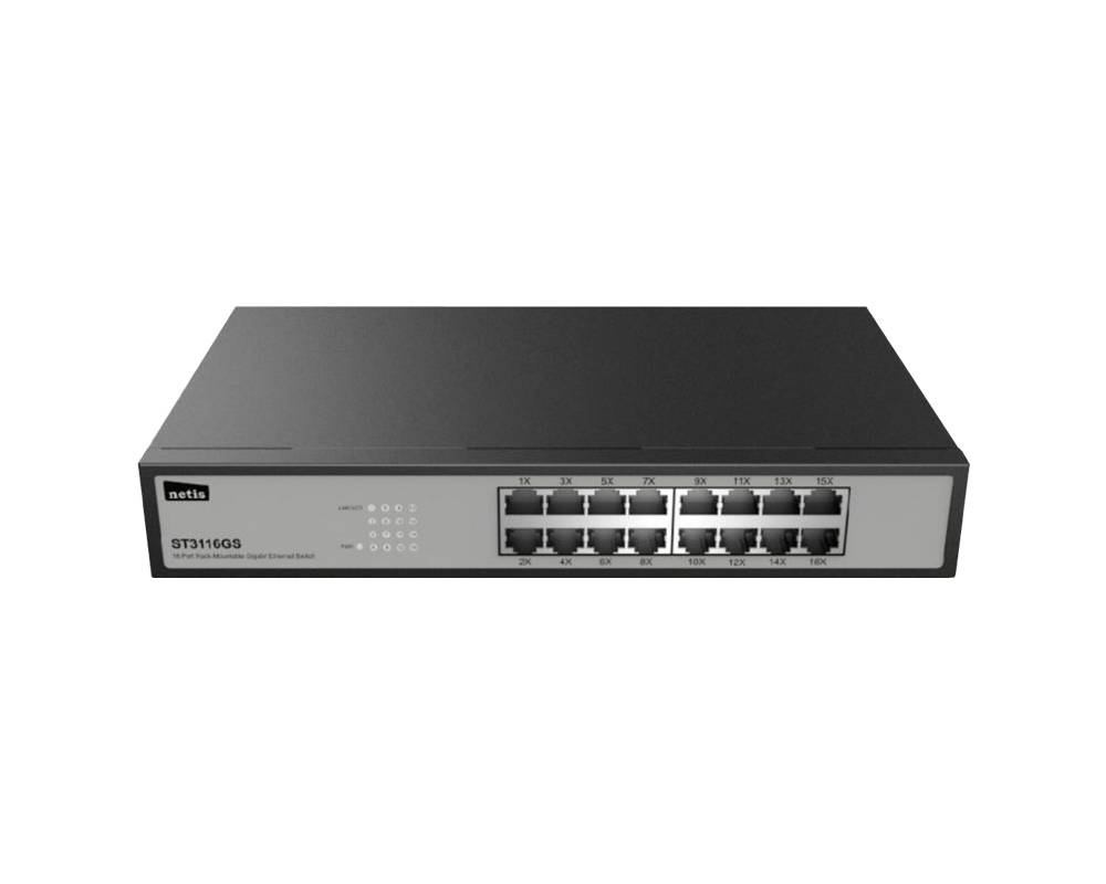 Switch NETIS modelo ST3116GS - 16 puertos Gigabit, montable en rack, No administrable Switch NETIS modelo ST3116GS - 16 puertos Gigabit, montable en rack, No administrable